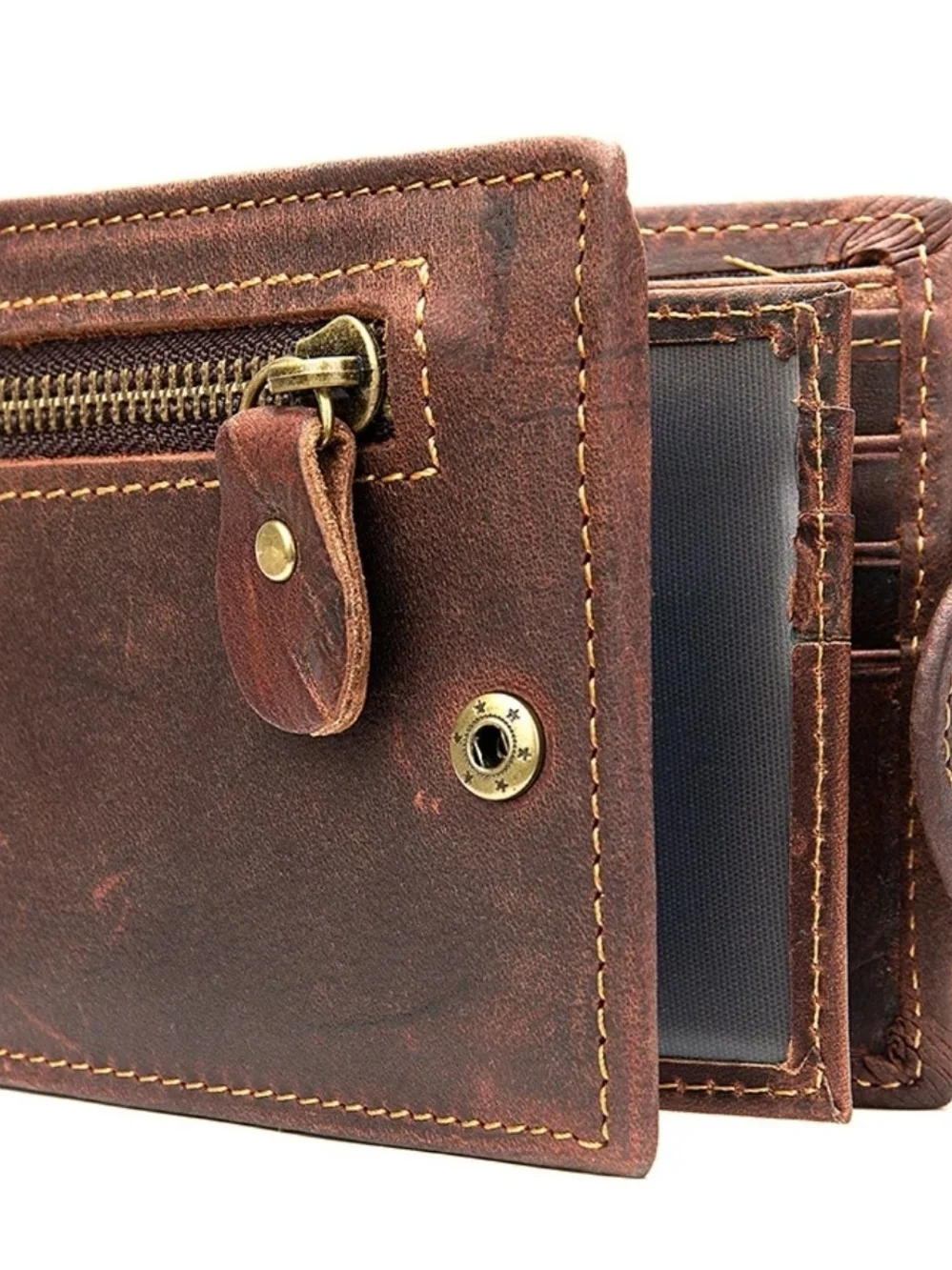 Vintage Brown Leather Men’s Wallet with Zipper Coin Pocket
